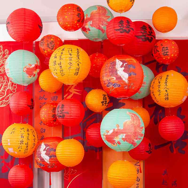 喜字纸灯笼瀑布结婚装饰囍字灯笼中式婚房布置国风灯笼挂装饰