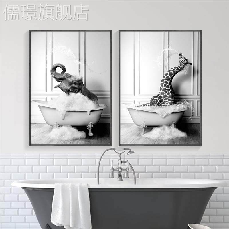 网红浴缸动画洗手间装卫挂厕生间创意壁画饰浴室所背景墙北欧物黑