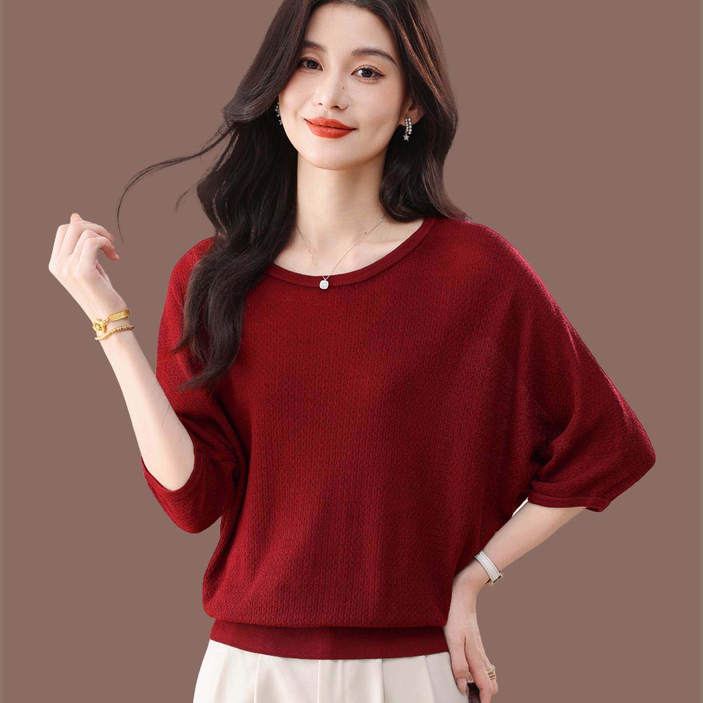 蝙蝠袖桑蚕丝T恤女2026夏季薄款宽松遮肚中袖针织衫洋气宽松上衣