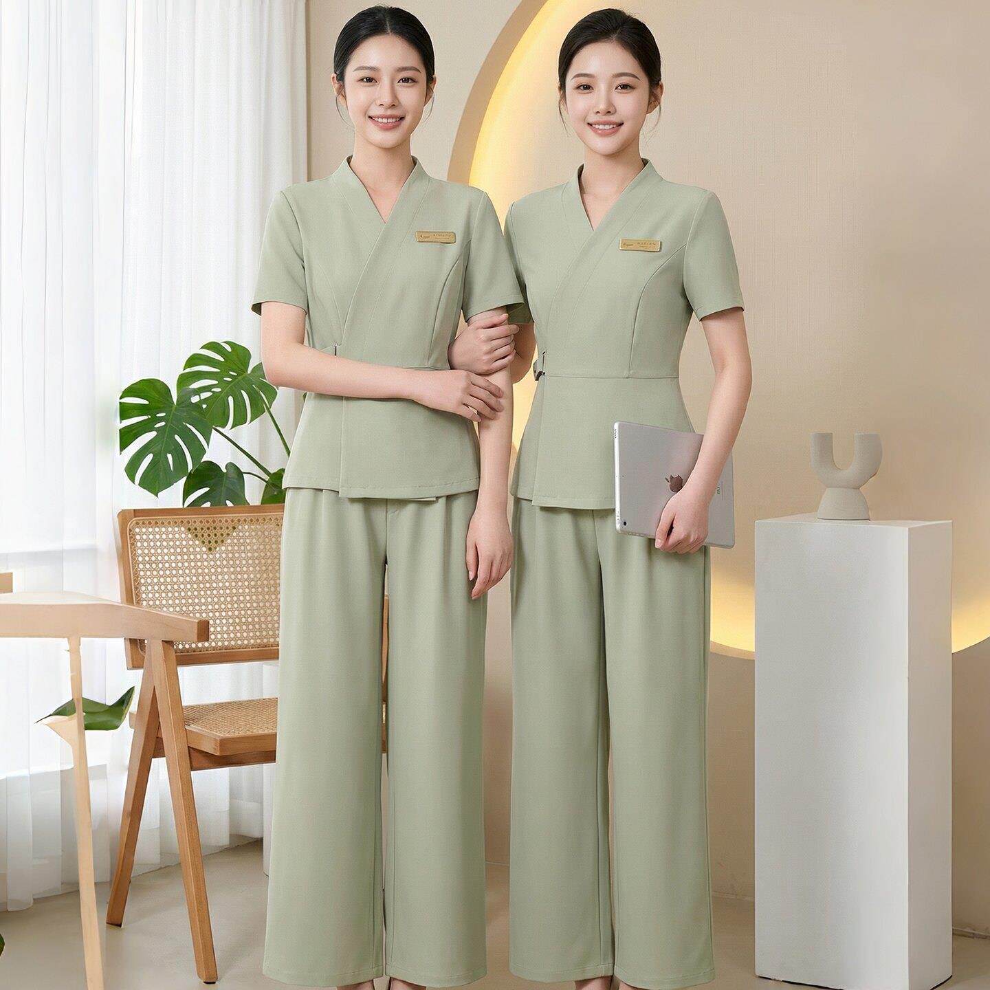 韩式美容师工作服美容院养生会所SPA足疗技师夏季高端套装绣logo