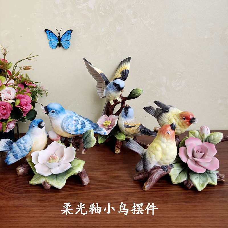 Function art柔光釉纯手绘陶瓷小鸟摆件欧式轻奢家居装饰品礼物