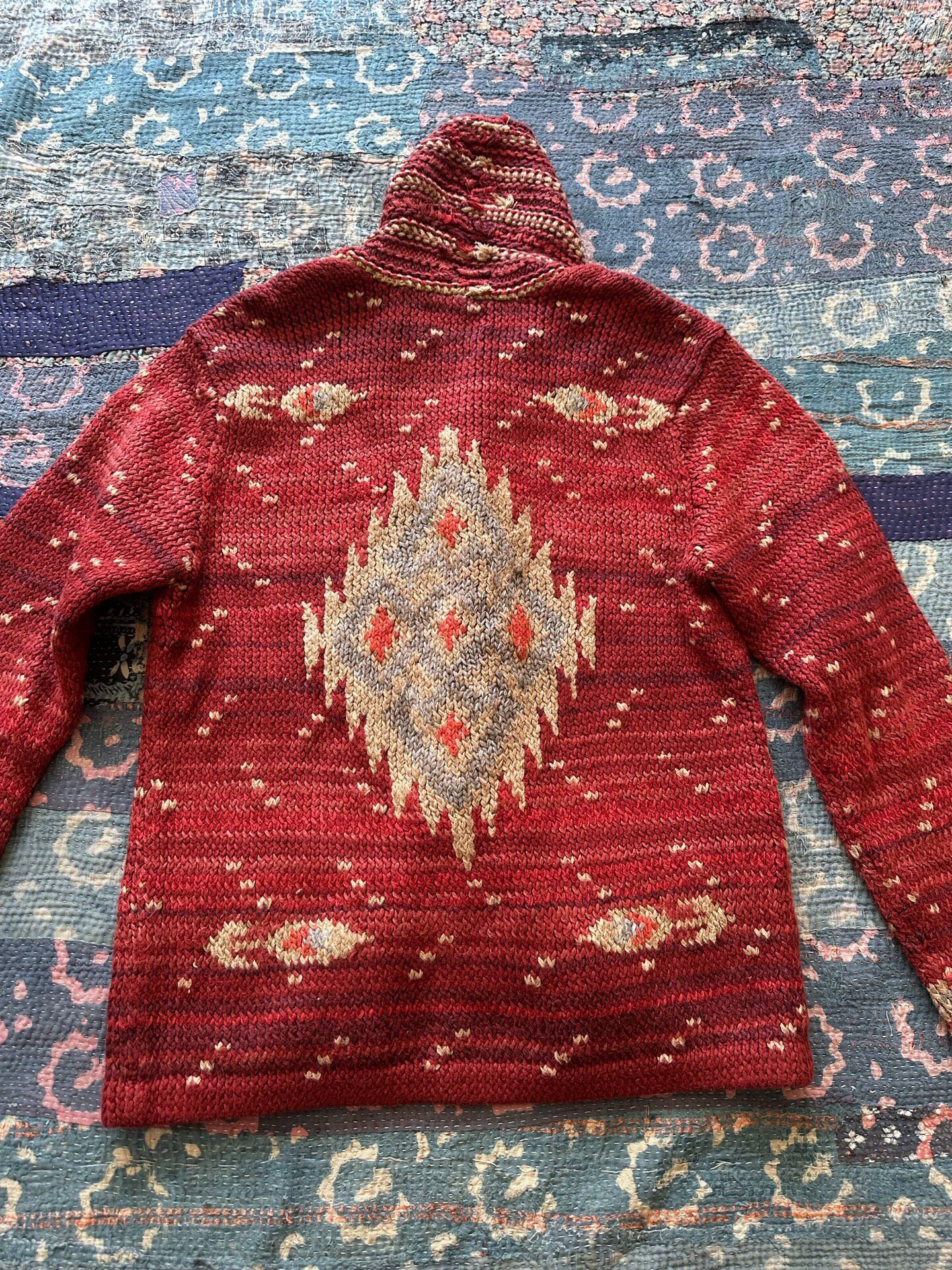 RRL Red Cardigan with Cream Patterns — front