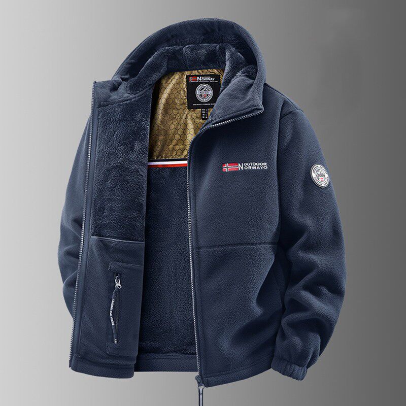 摇粒绒外套男秋冬季2025新款加绒加厚连帽上衣户外保暖休闲抓绒衣