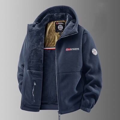 摇粒绒外套男秋冬季2025新款加绒加厚连帽上衣户外保暖休闲抓绒衣