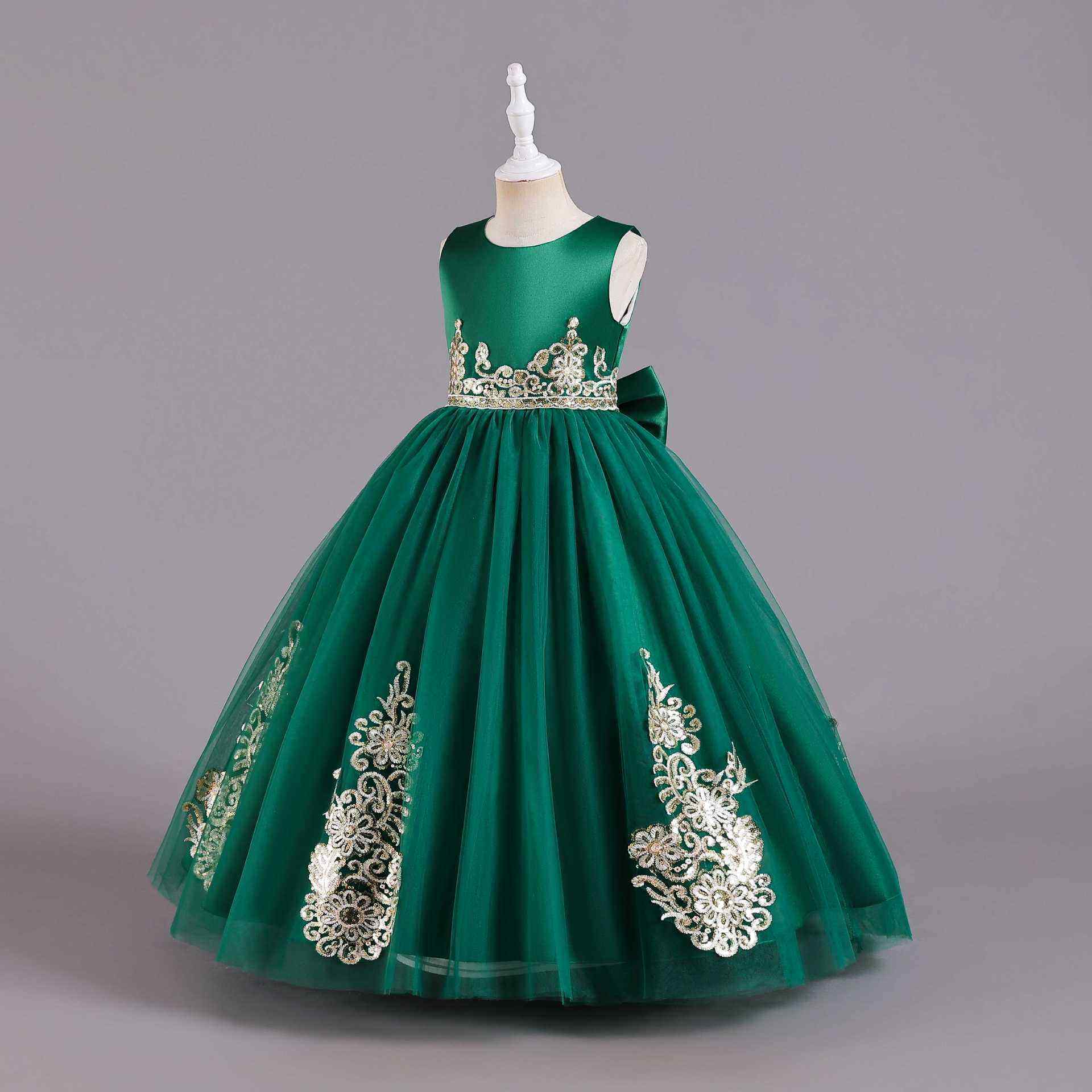 新款女童婚纱公主裙亮片裙摆表演礼服派对蕾丝长裙花童婚纱连衣裙