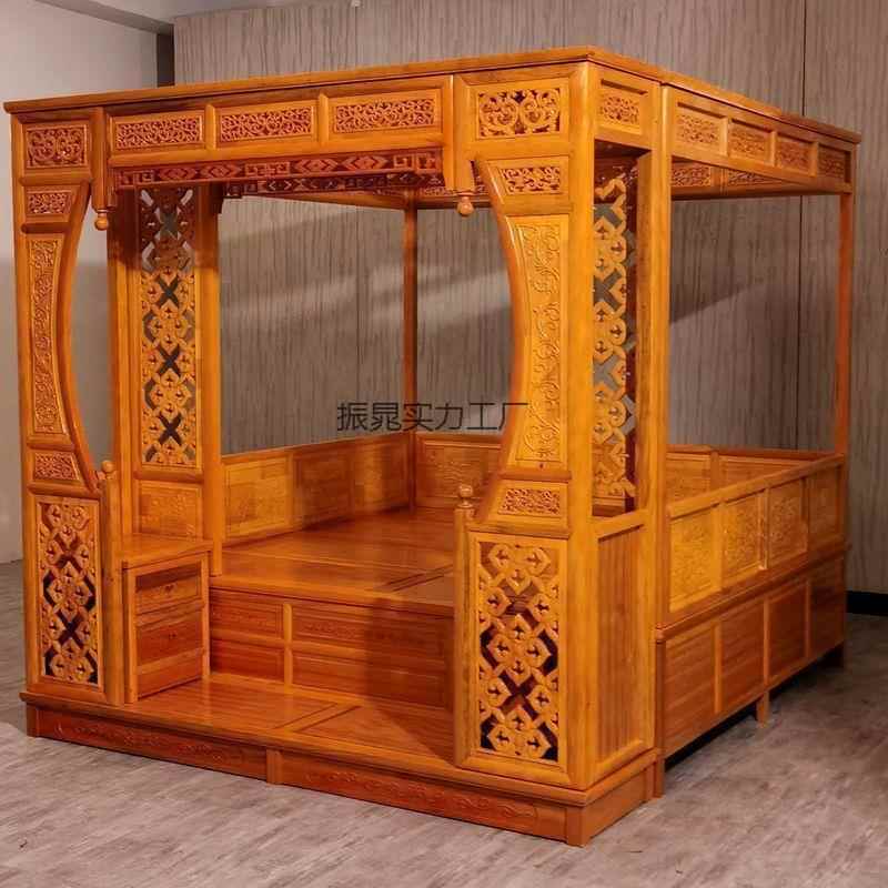 花老式仿古典床代KUI家具红雕梨实木月洞床千工拔踏步床花架子中