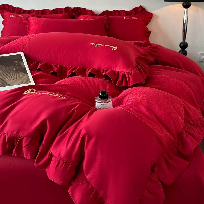 简约陪嫁结婚四件套大红色新婚床单被套纯棉婚庆床上用品婚房喜被,床上用品,婚庆床品套件,淘宝优惠券,粉丝福利购,淘宝优惠卷