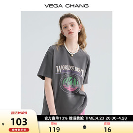 VEGA CHANG短袖t恤女2024夏复古时尚卡通印花小个子宽松上衣