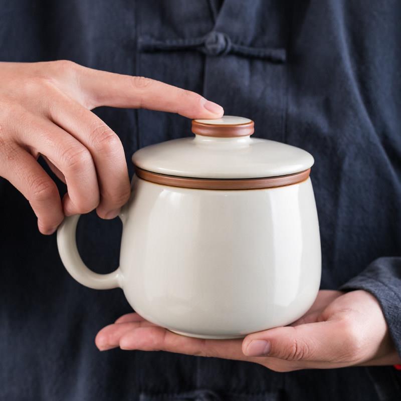 米黄汝窑办公杯茶水分离马克杯大容量泡茶杯陶瓷家用带盖复古水杯