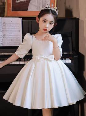 儿童高端晚礼服白色短款公主蓬裙花童装钢琴演出服女泡泡长袖气质