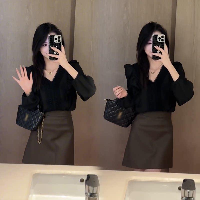 漂亮黑色花边V领衬衫女长袖秋感别致打底衫上衣显瘦通勤OL衬0904d