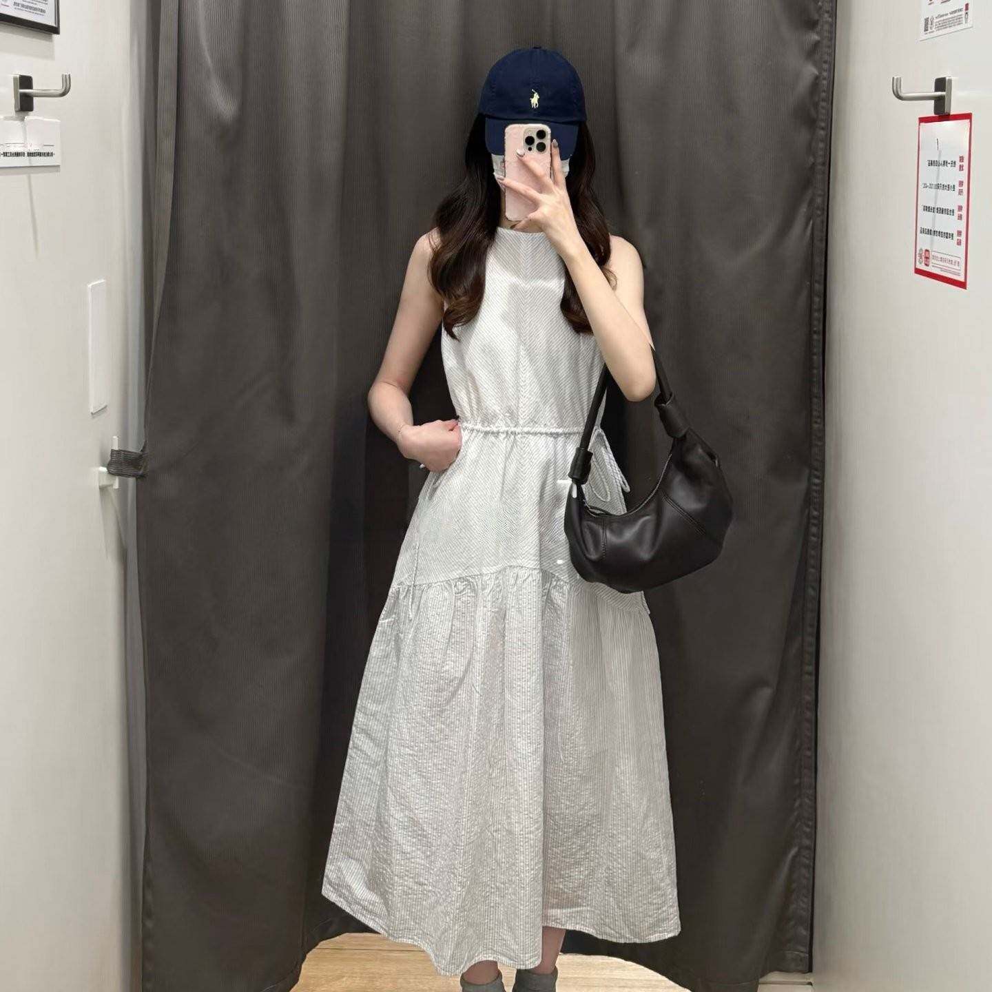 女装棉麻条纹层叠连衣裙无袖裙子抽绳长款收腰直筒裙春夏季484787