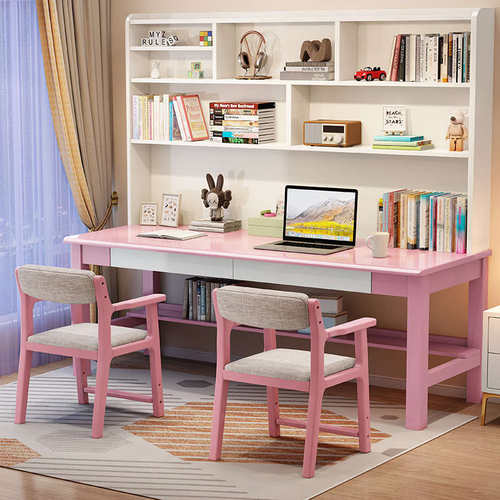 带桌办公双人桌子家用儿童加长学习靠墙书架桌书房写字简约位卧室