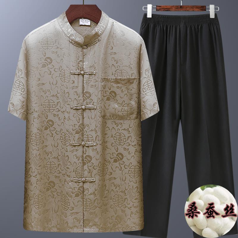 新中式唐装男夏季2025新款老年人免熨烫处理100%桑蚕丝真丝短袖套