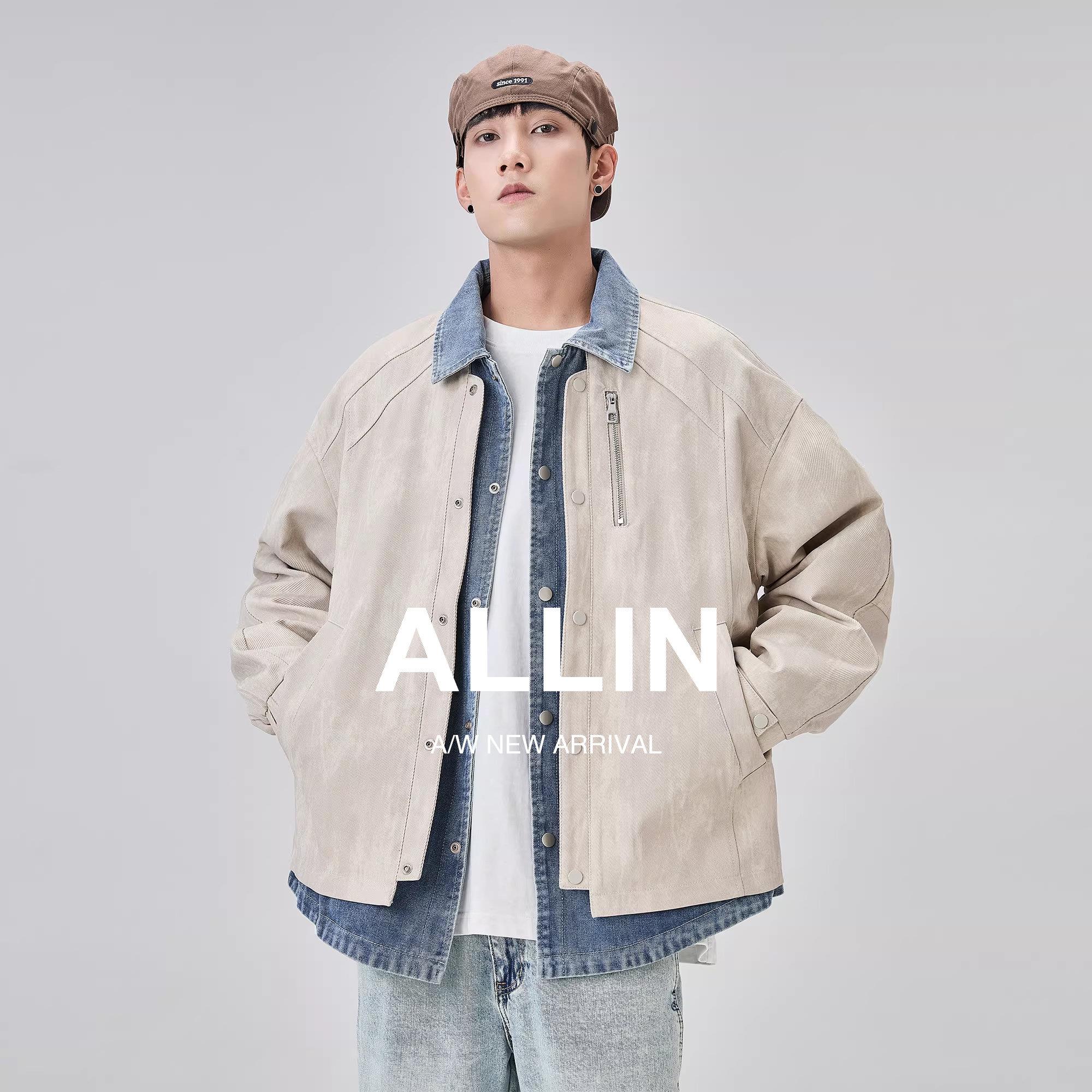 ALLIN 假两件牛仔拼接翻领外套男解构设计感cleanfit潮牌休闲夹克