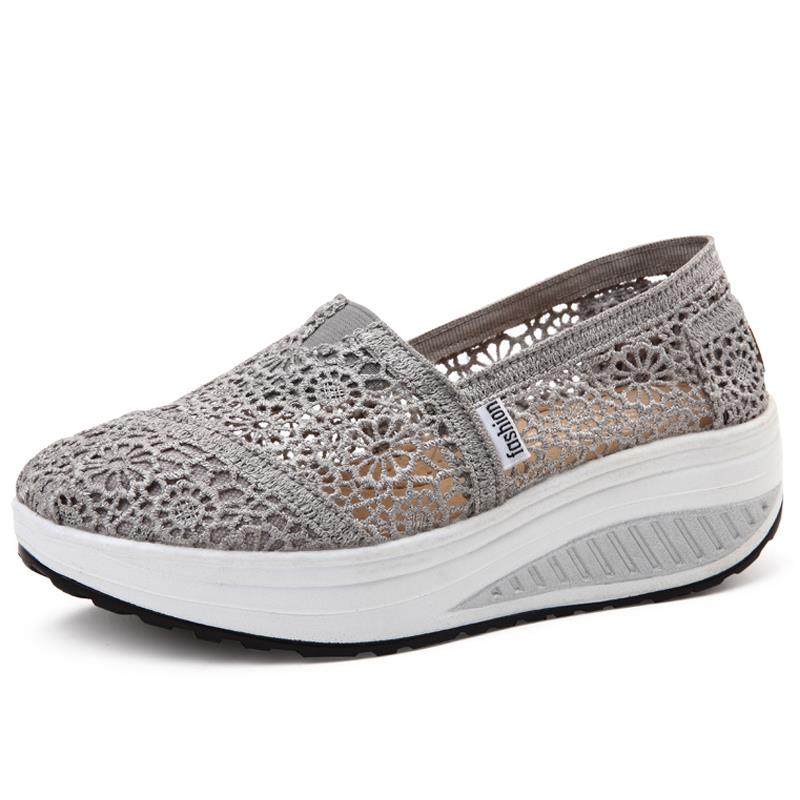 高档春季摇摇鞋女闲鞋透镂空健蕾丝网鞋气休运动鞋子女士厚底步妈