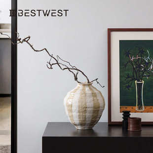 Bestwest侘俶新中式 复古条纹大肚陶瓷花瓶花器酒店民宿会所样板间