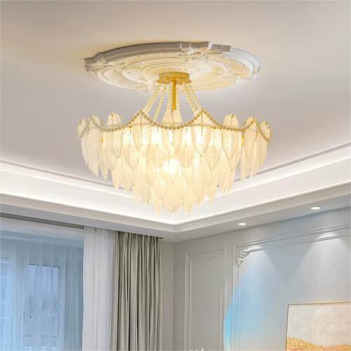 法式奶油灯羽毛吊灯客厅主红卧室房间餐厅灯632代简约现网风玻璃