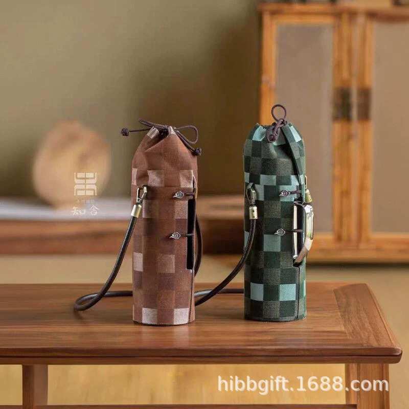 新品知舍香云纱编织格纹保温壶便携袋中式复古风传家壶袋夹棉防震