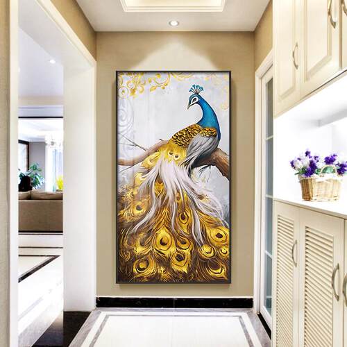 网红孔雀入户饰玄装画麋鹿道走廊挂轻画壁画现关代奢过背景墙画竖