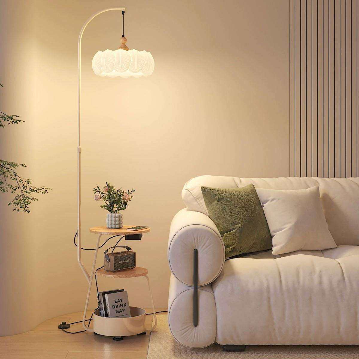 原木风落地灯客厅沙发旁置物架无线充电一体装饰灯卧室床头氛围灯