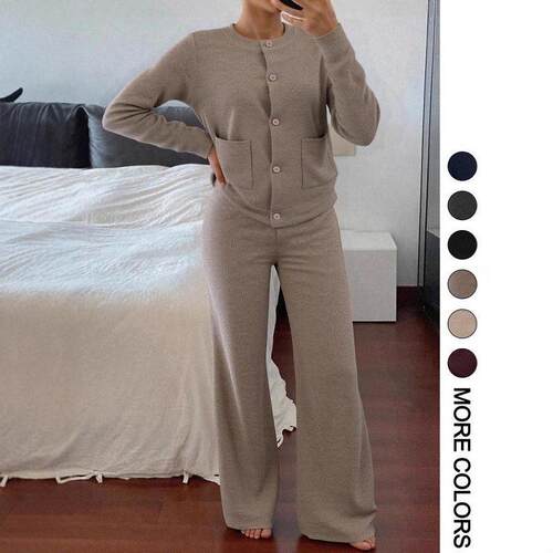 Button Pocket Long Pants Set  Elegant Fitted Design  Long