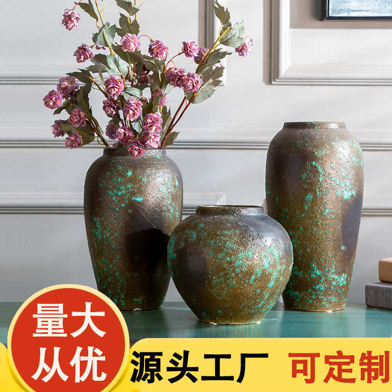 景德镇陶瓷三件套装花瓶 复古做旧粗陶罐干花插花可水培多肉花盆,家居饰品,花瓶,淘宝优惠券,粉丝福利购,淘宝优惠卷