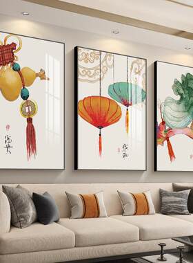 网红厅装饰沙发背景墙挂新中客式壁画画中式画山水三联画竖版墙画