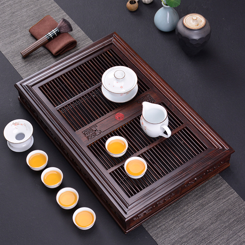 黑檀木茶盘家用抽屉式大号实木茶台储水式茶海简约功夫茶具套装