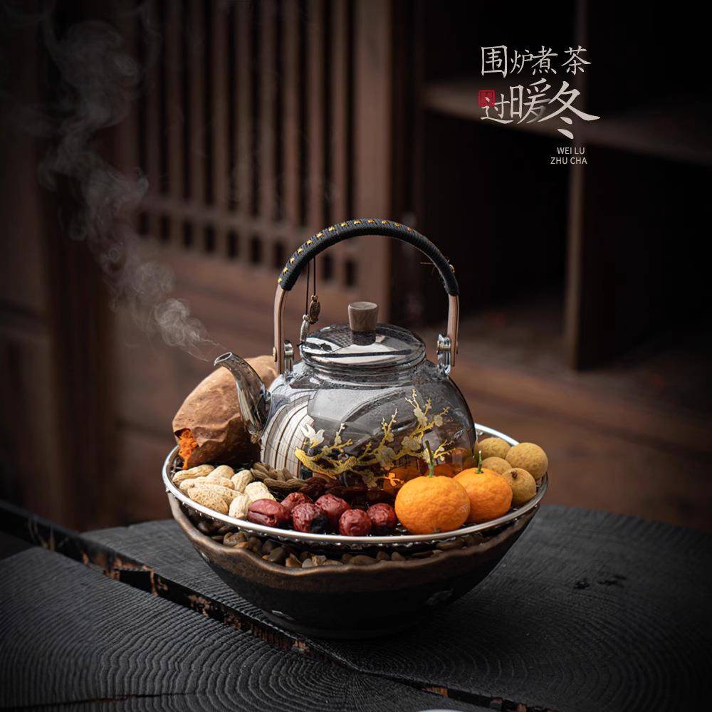 粗陶鎏金煮茶器煮茶炉陶瓷玻璃茶壶泡茶家用高端小型养生壶电陶炉