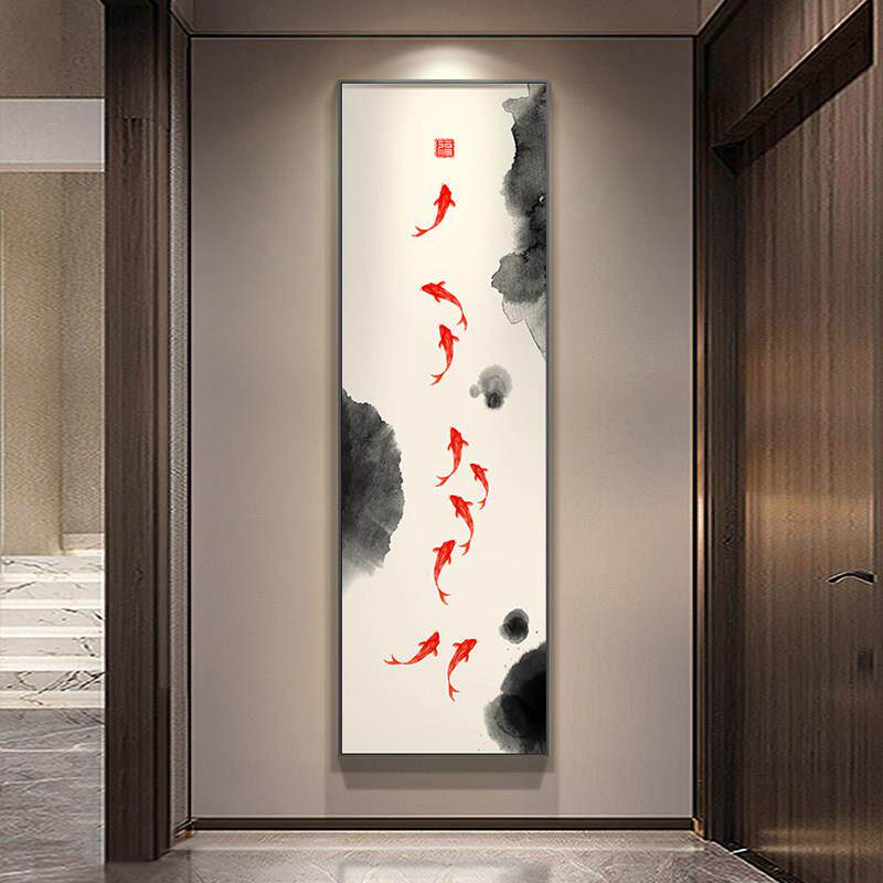 新中式年年有鱼玄关装饰画 画水墨竖版长条九鱼入户挂画 画走廊过