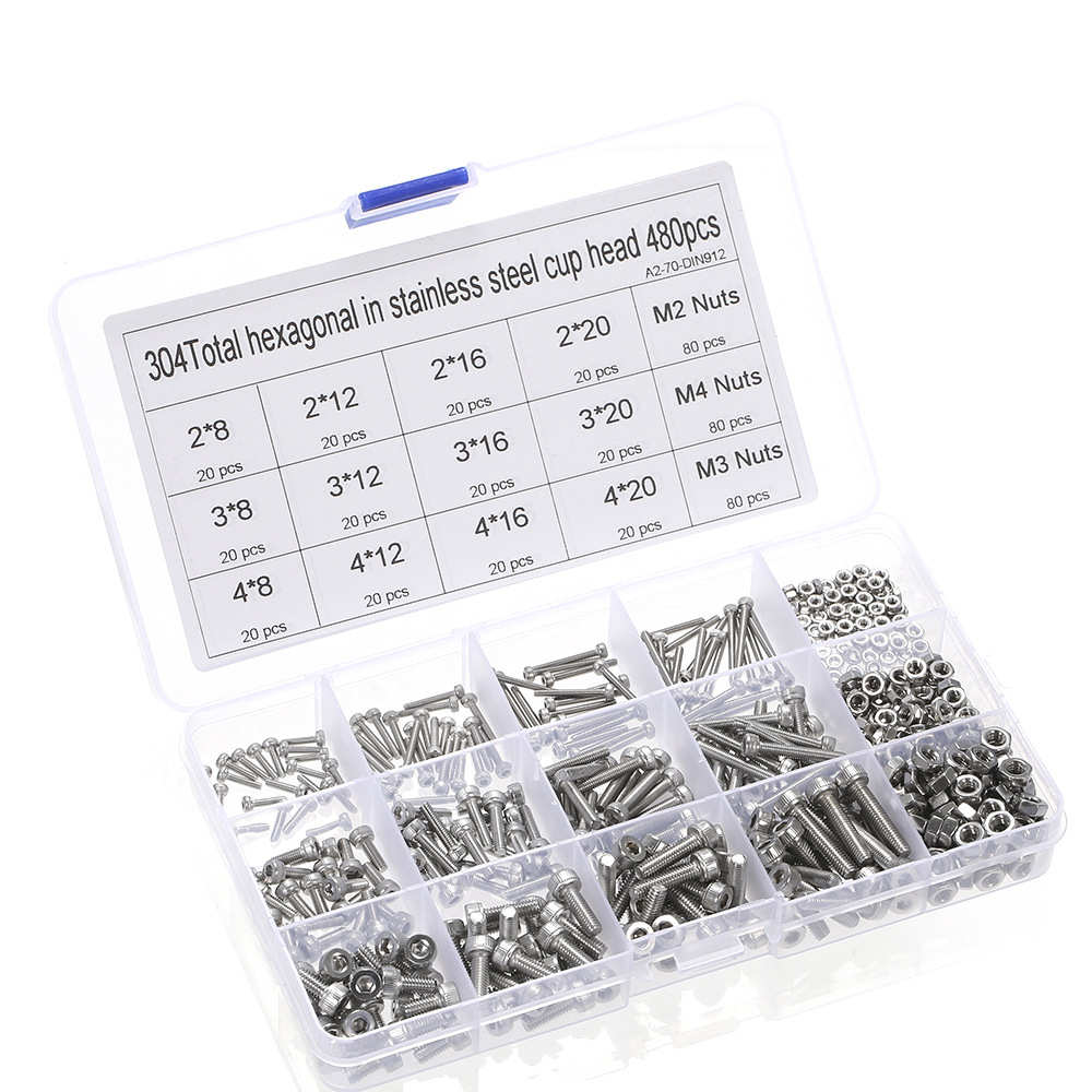 480pcs M2/M3/M4 DIN912 304不锈钢圆柱头内六角螺丝配螺母套件
