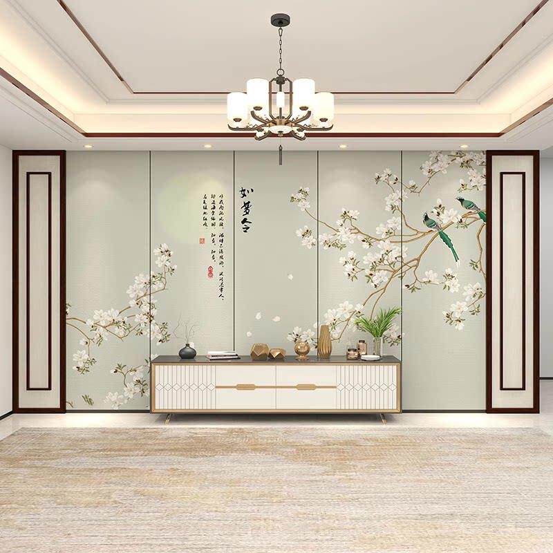 碳晶板简约新中式玉兰花鸟装饰电视背景墙木饰面板客厅沙发护墙板