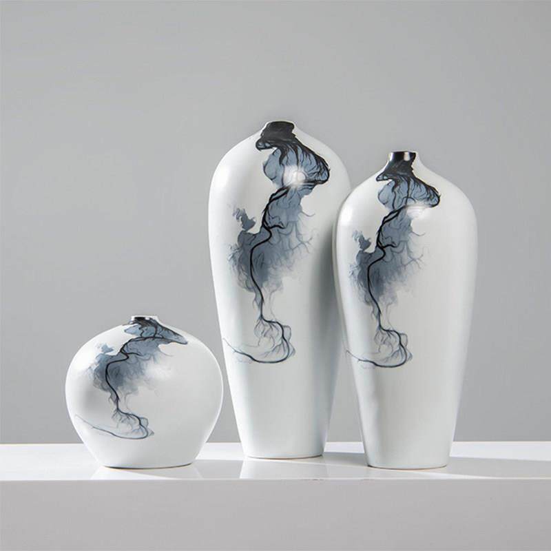 现代新中式台面花瓶摆件陶瓷水墨插花器餐桌客厅玄关电视柜装饰品