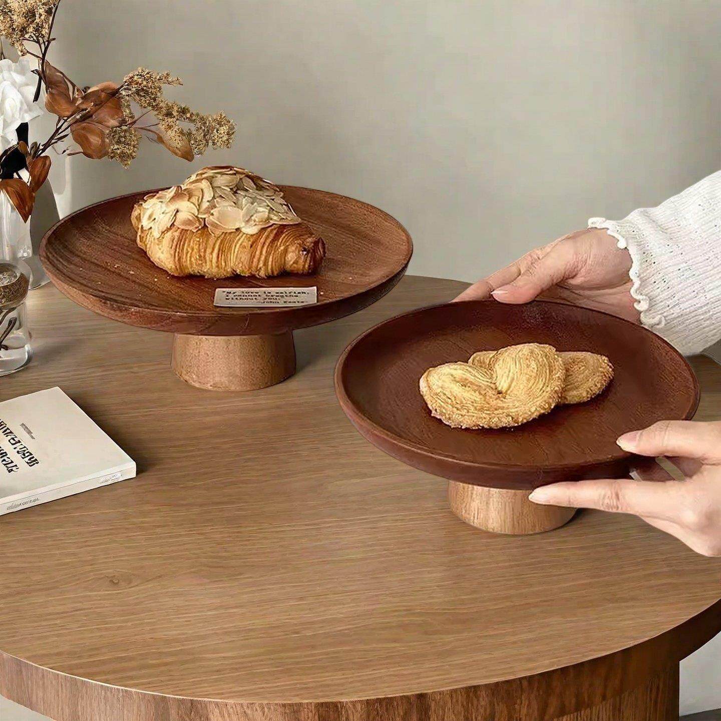 简约实木高脚托 托盘圆盘子家用干 干果水果蛋糕甜品果盘展示台摆