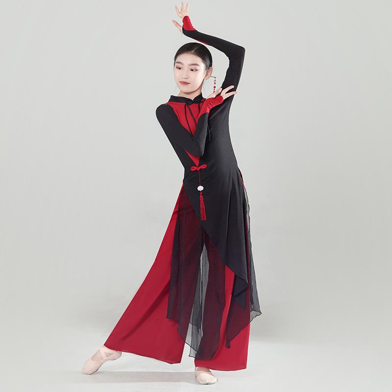 新款儿童典舞演出服飘逸练功黑间酒鲜服红中国风族民现代舞蹈古表