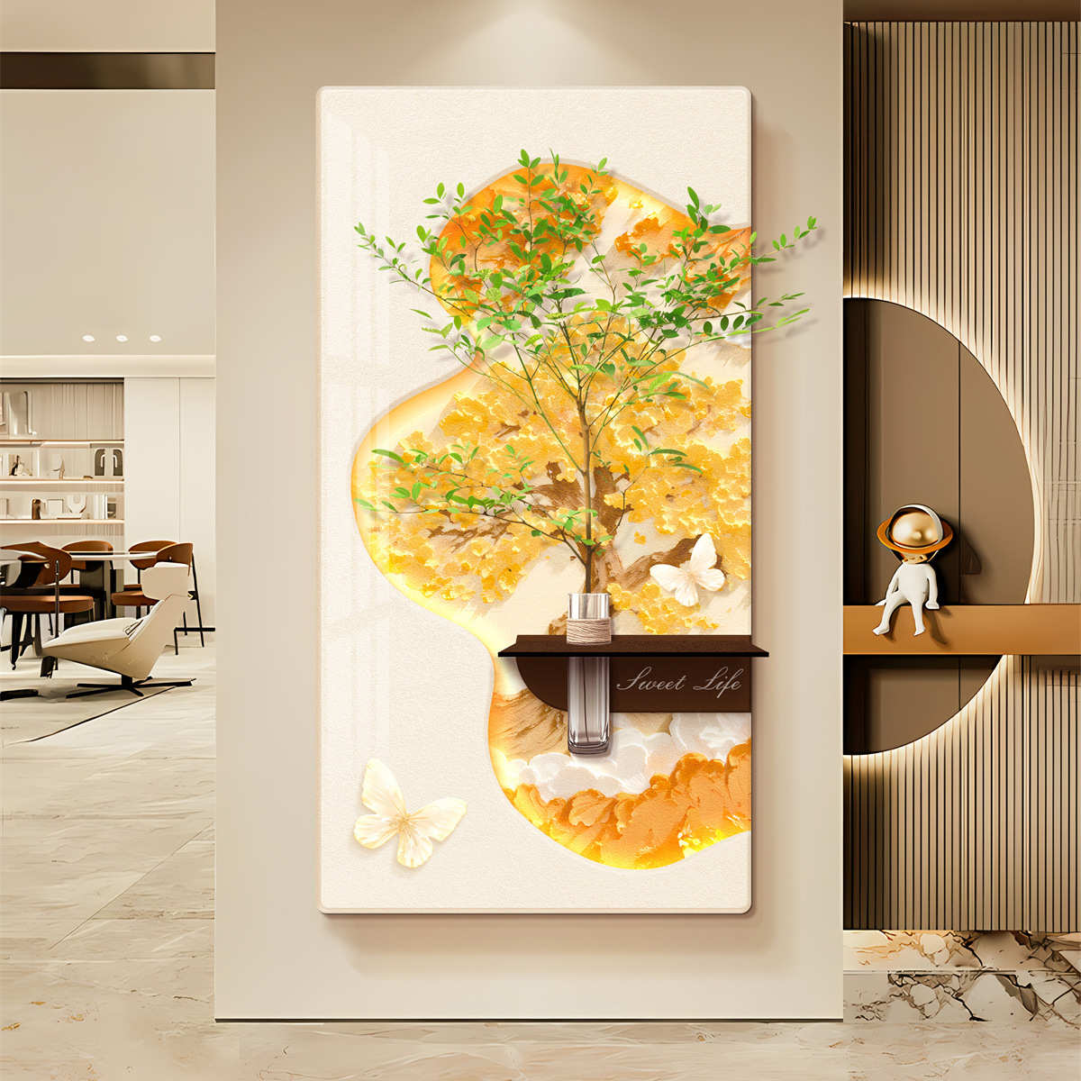 奶油风现代简约立体入户玄关装饰画水培绿植走廊过道晶瓷挂画图片