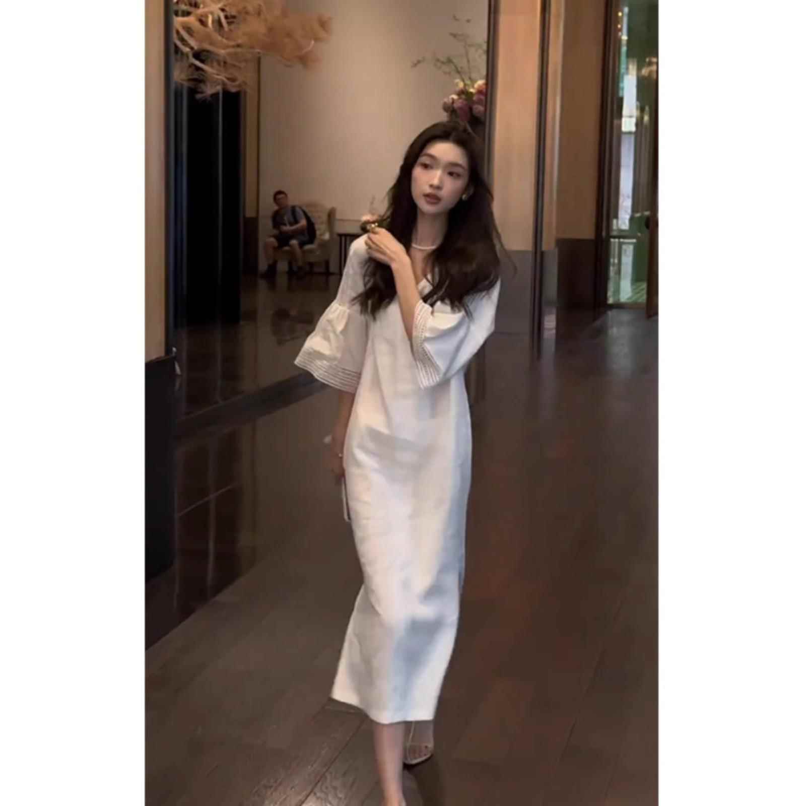 FAshi 夏装新款休闲宽松法式白色连衣裙气质名媛精致女神范长裙子