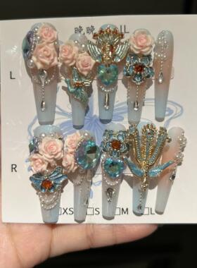 相遇 全锆饰品纯手工穿戴甲超长渐层手工美甲奢玫瑰花重工美甲