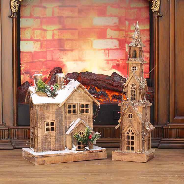 新款木制圣诞节装饰用品发光木屋雪房子酒店吧圣诞节木质桌面摆件