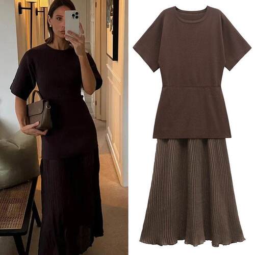 Womens Dresses Brown Pleated Dress Summer 2025 Elegant