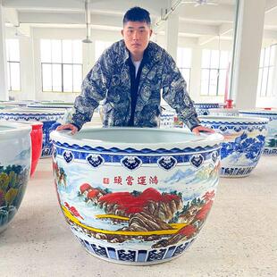 陶瓷大缸山水手绘青花鱼缸客厅锦鲤缸老式庭院风水招财缸门海大缸