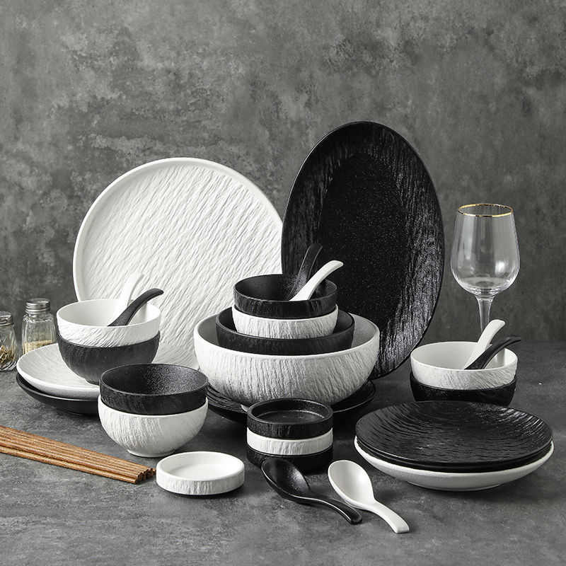 岩石纹陶瓷碗盘碗碟套装家用 4-6人吃饭的碗2人组合餐具汤碗盘子