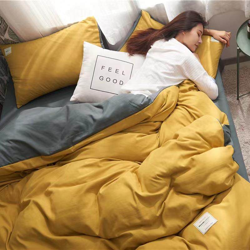 日式双拼纯色水洗棉磨毛四件套民宿风学生宿舍三件套床上用品