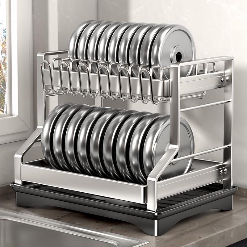 不锈钢双层碗碟架杯架厨房置物架收纳晾放刀筷导流款沥水架