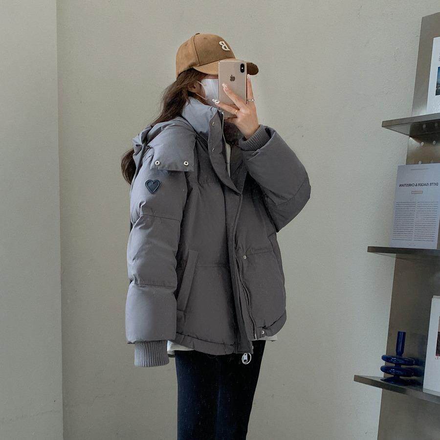 冬季新款2025韩版灰色爱心短款羽绒棉服学生大码棉衣女情侣面包服