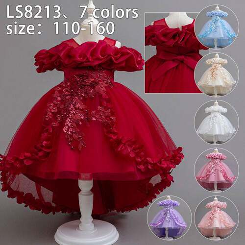 girls princess dress high low long train 3d flowers