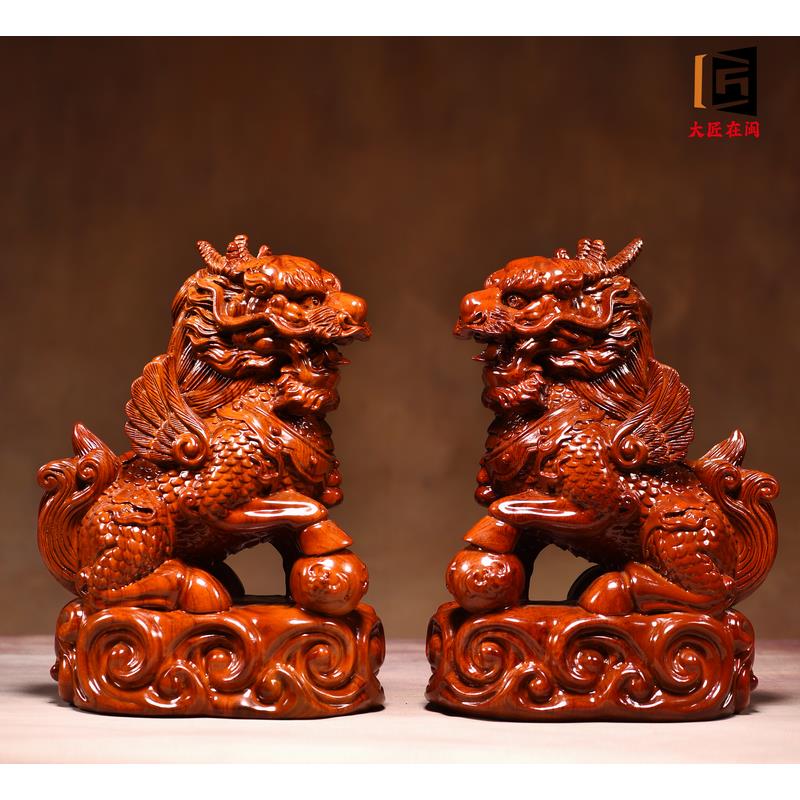 正品红木实木雕刻独兽饰品，一客对幸运火独角角兽，办公室厅入口