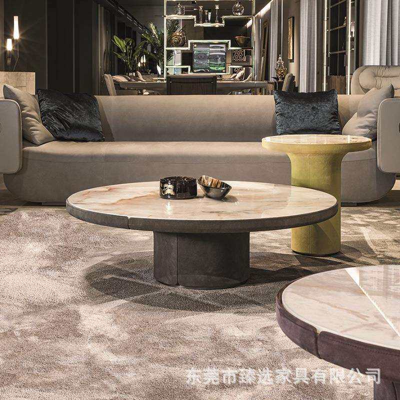 Longhi意式RE轻奢圆形大理石茶几套几木质贴磨砂皮极简沙发边几