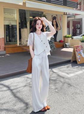 白色套装女2026夏季新款设计感老钱风蕾丝拼接休闲三件式西装阔腿